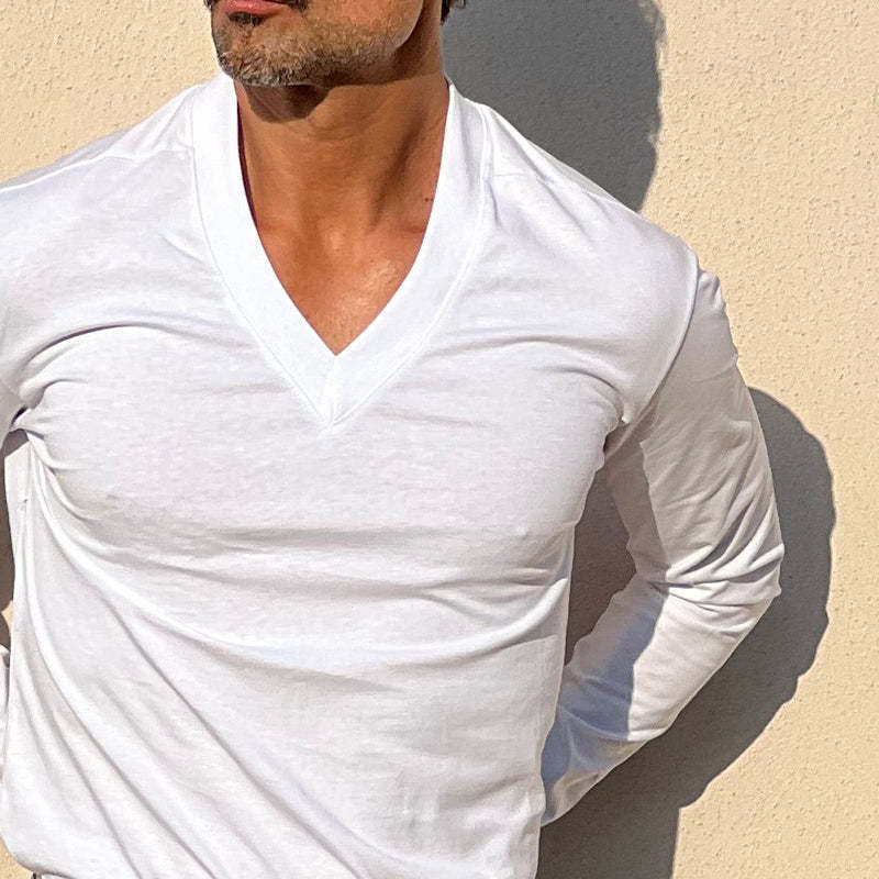 Herren-T-Shirt mit V-Ausschnitt und langen Ärmeln in Volltonfarbe