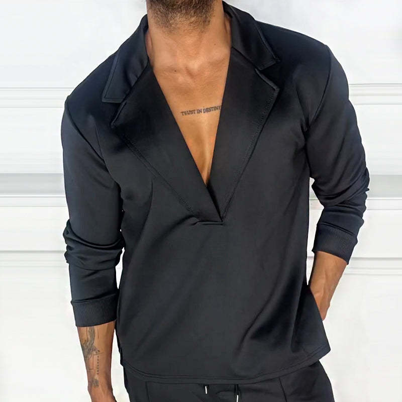 Men's Retro Casual Solid Color Pullover Lapel Long Sleeve Shirt
