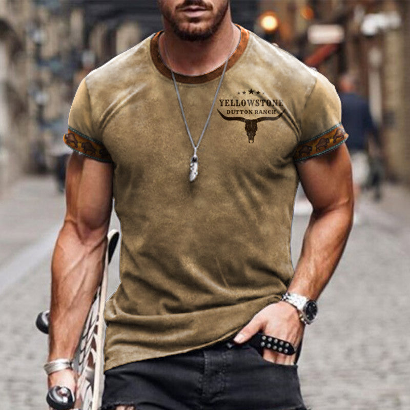 Men's T-shirt Vintage Western National Style Print Pattern Summer Short-sleeved Color Matching Round Neck Tee