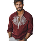 Camiseta vintage de manga larga bordada con cuello en V profundo en rojo oscuro para hombre