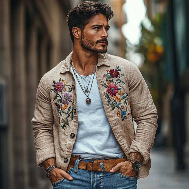 Camisa informal de lino con solapa bordada y manga larga suelta para hombre