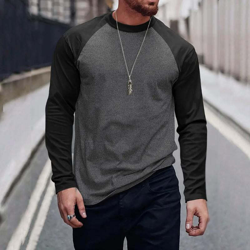 Camiseta retro informal de manga larga con cuello redondo y bloques de color para hombre