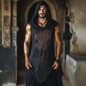 Men's Vintage Casual Linen Flower Of Life Printed Hooded Long Sleeveless Shirt