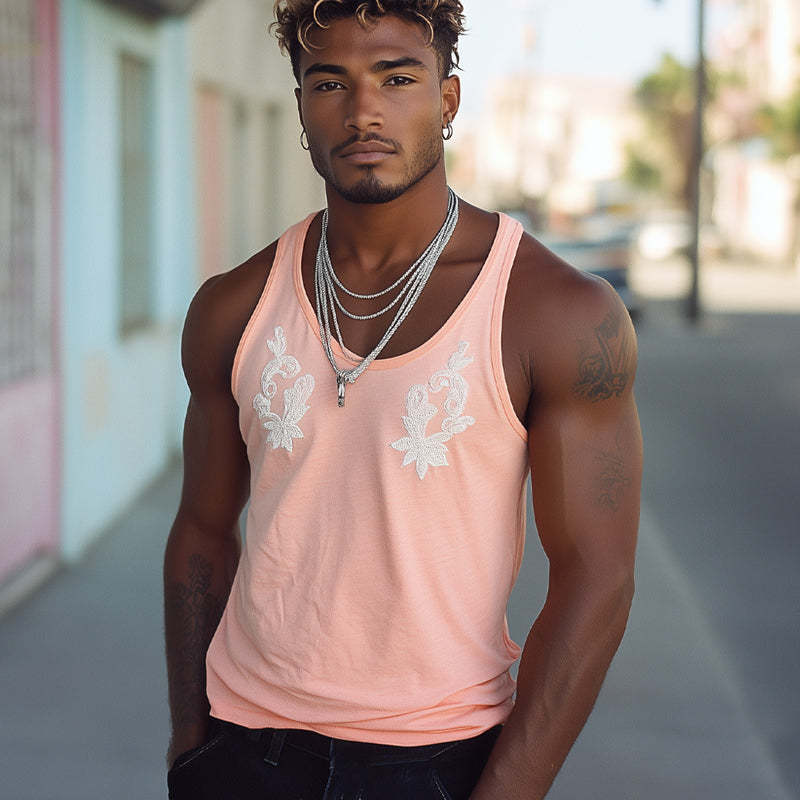 Lässiges Tanktop für Herren mit Rundhalsausschnitt und rosa Stickerei für den Sommer