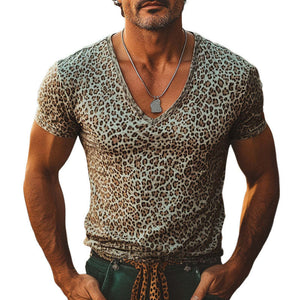 Camiseta cómoda de verano con cuello en V y estampado de leopardo para hombre