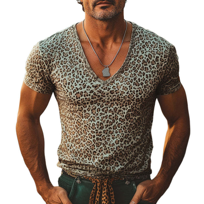 Men's Summer Comfortable V-Neck Leopard Print T-Shirt