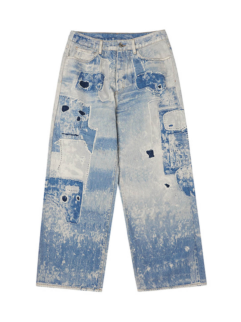 Washed Raw Edge Tie-dye Print Straight Jeans