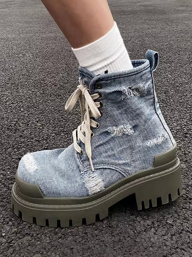 Retro Ripped Denim Work Boots