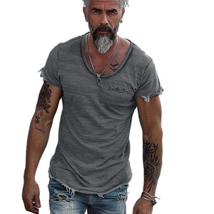 Camiseta retro de manga corta con cuello redondo y borde sin rematar de color liso para hombre
