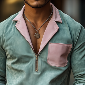 Camisa informal de manga larga de gamuza con solapa, cremallera y costuras de colores contrastantes para hombre, moda de primavera