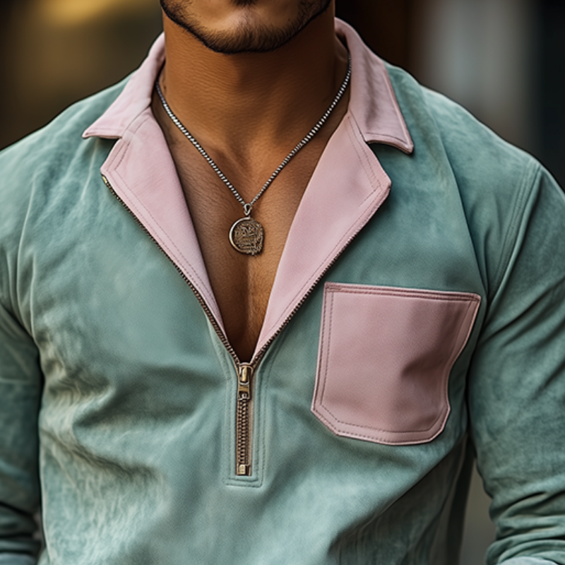 Men's Spring Fashion Casual Contrast Color Stitching Lapel Zipper Suede Long Sleeve Shirt