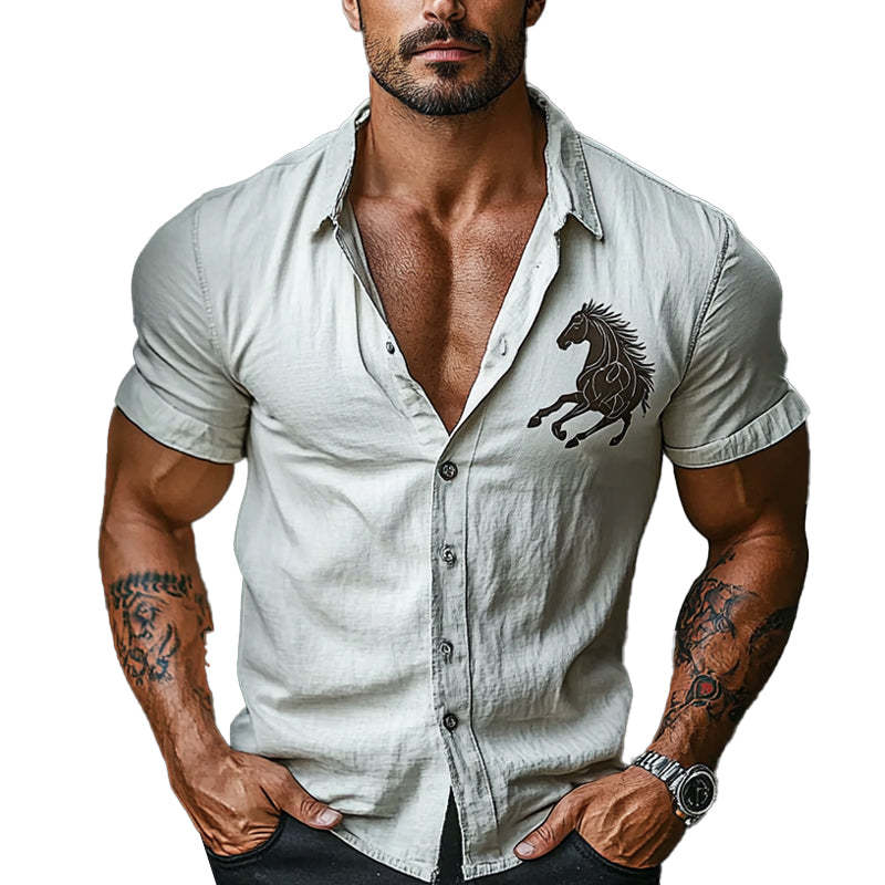 Men's Horse Print Lapel Short Sleeve Shirt