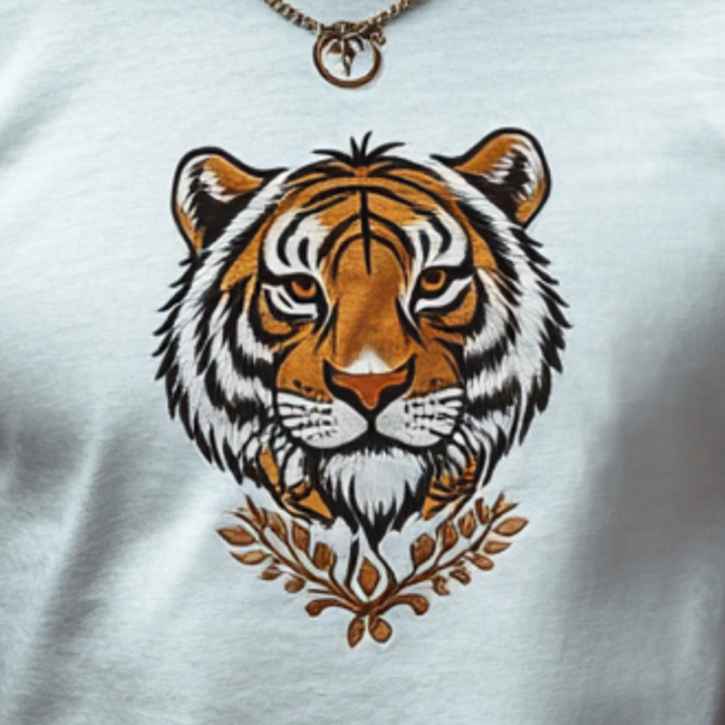 Men's Casual Cotton Tiger Embroidery Round Neck Slim Fit Short Sleeve T-Shirt