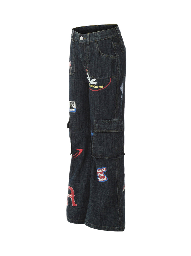 Graphic Multi Pocket Flare Jeans