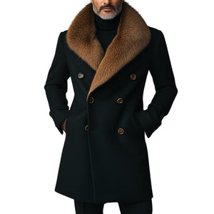 Men's Retro Casual Fur Collar Spliced Tweed Coat