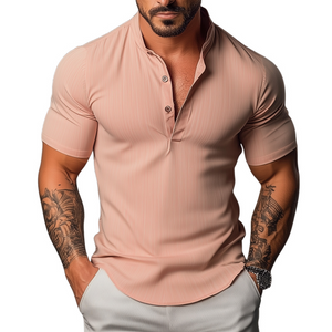 Camisa retro informal de manga corta con cuello alto y elástico para hombre