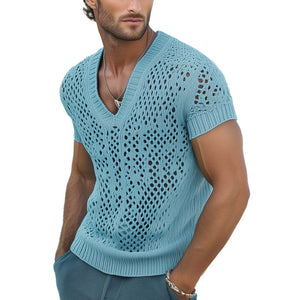 Camiseta de punto de malla transpirable con cuello en V de moda de verano para hombre