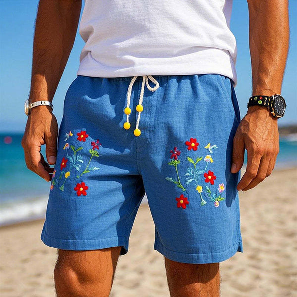 Men's Floral Embroidered Blend Shorts