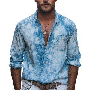 Men's Skin-friendly Light Blue Tie-Dye Cotton Casual Shirt
