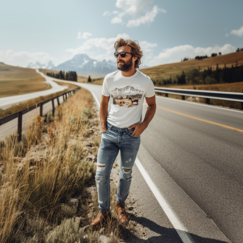 Camiseta informal de manga corta de algodón con estampado de la serie Yellowstone Park para hombre