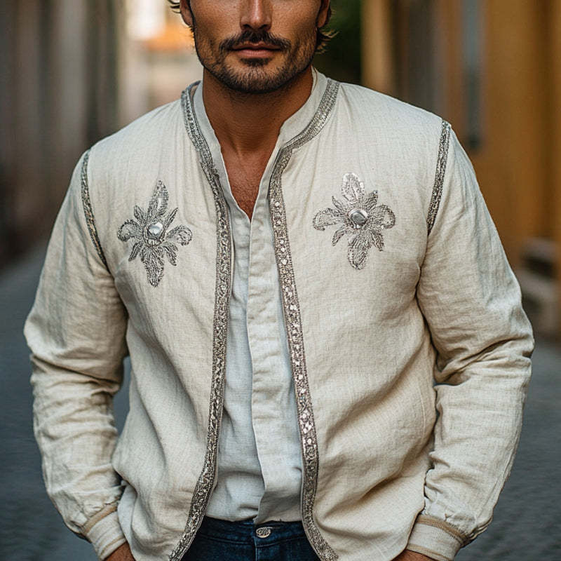 Men's Spring And Autumn Cotton And Linen Fashion Embroidered Jacket MTA2654C6U