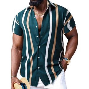 Men's Casual Striped Printed Lapel Short Sleeve Shirt