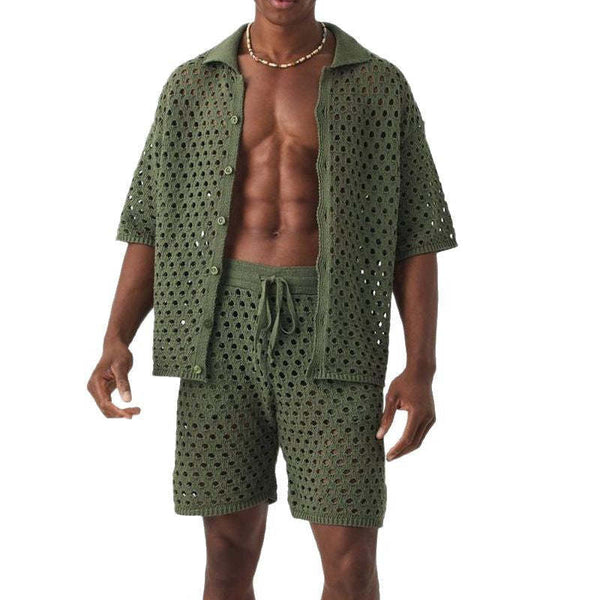 Zweiteiliges Set aus einfarbigen, gestrickten Kurzarmshorts für Herren