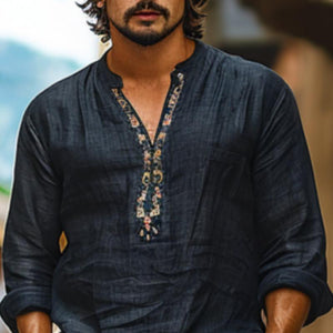 Camisa de manga larga con cuello en V, transpirable, de algodón y lino para hombre