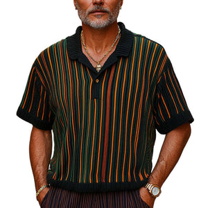 Men's Retro Colorblock Vertical Stripe Knitted T-Shirt