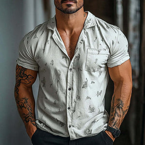 Men's Printed Lapel Pocket Short Sleeve Shirt