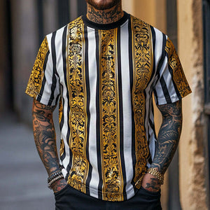 Camiseta de manga corta con cuello redondo y estampado barroco retro informal para hombre