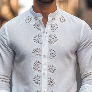 Camisa de manga larga de algodón y lino bordada con cuello alto estilo retro de primavera para hombre