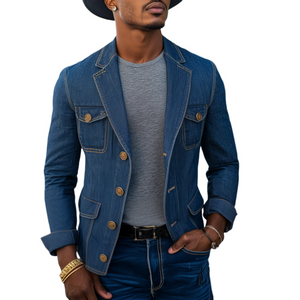 Men's Retro Notched Lapel Denim Single Breasted Multi-Pocket Slim Fit Blazer