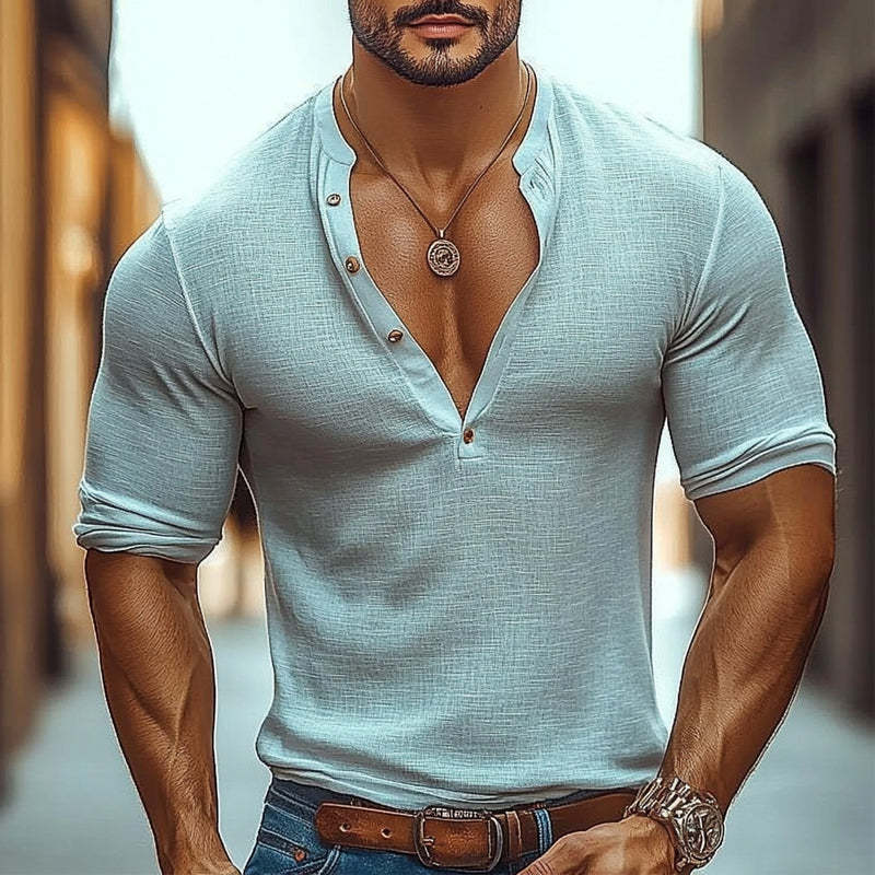 Men's Cotton And Linen Casual Henley Collar Long Sleeve T-Shirt