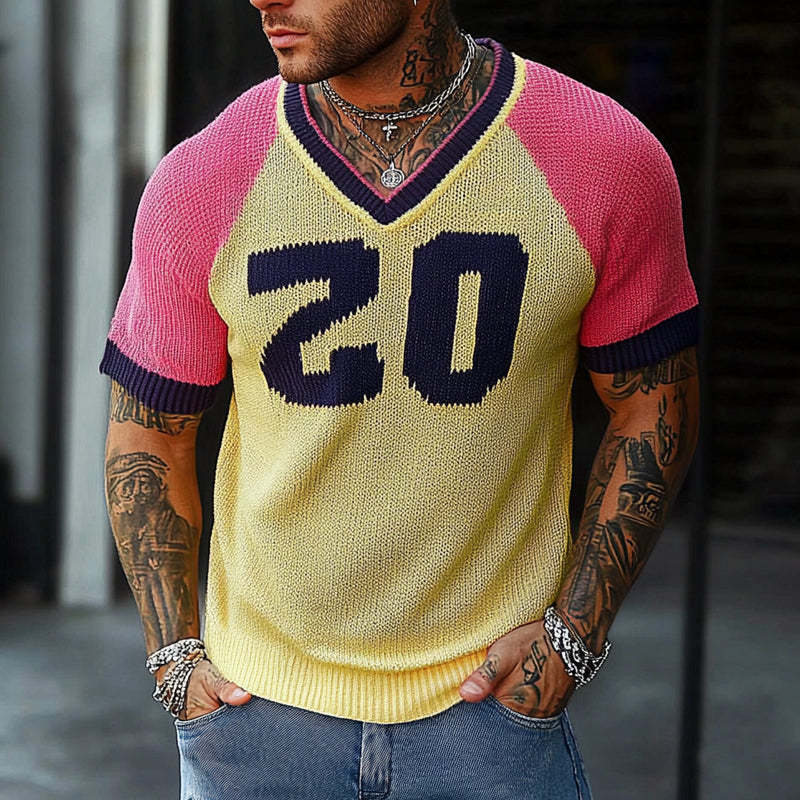 Camiseta de punto de manga corta con jacquard y letras en contraste para hombre