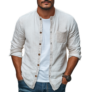 Camisa de manga larga de algodón y lino con costuras de bolsillo y encaje para hombre, moda de primavera