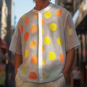 Men's Retro Casual Polka Dot Loose Stand Collar Short Sleeve Shirt