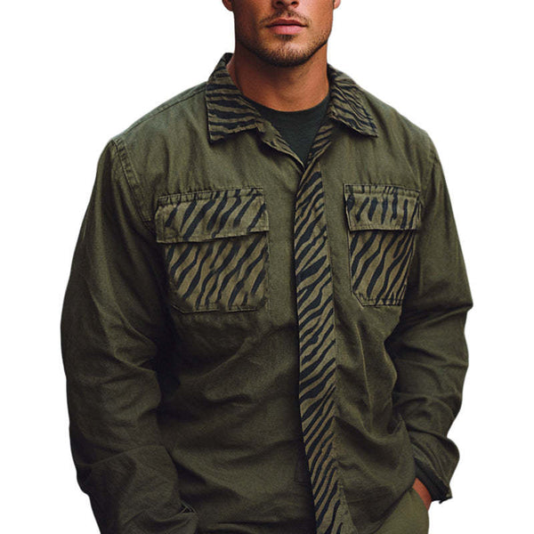 Camisa de manga larga con estampado de empalmes verde militar para hombre, primavera y otoño