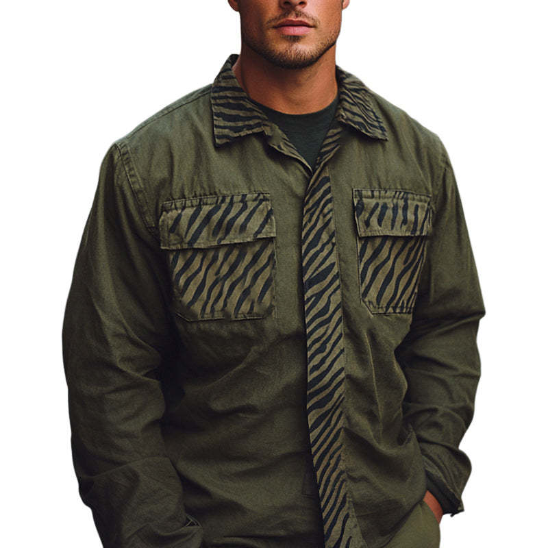 Men's Spring And Autumn Army Green Splicing Printed Long Sleeve Shirt