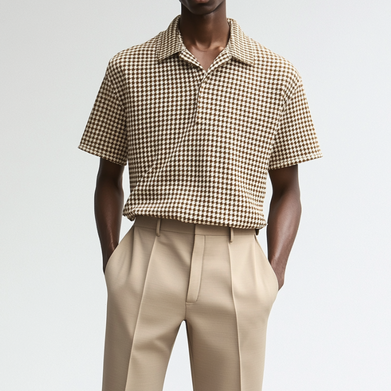 Men's Casual Houndstooth Lapel Loose Short Sleeve Polo Shirt MTA1867C0M
