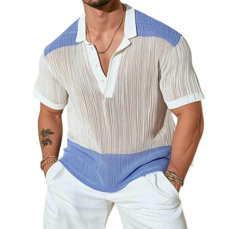 Men's Casual Contrast Lapel Loose Single Knit Short Sleeve Polo Shirt MTA3153C8M