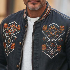 Men's Vintage Western Denim Distressed Embroidered Button Up Jacket