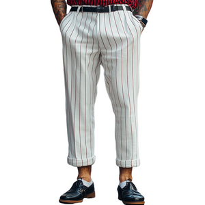 Pantalones casuales de algodón y lino a rayas de estilo retro clásico para hombre