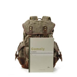 Mochila vintage de lona y cuero con múltiples bolsillos para hombre