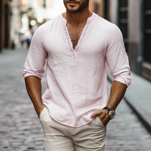 Camisa informal de algodón y lino con cuello en V y encaje para hombre, de primavera y verano, agradable para la piel 