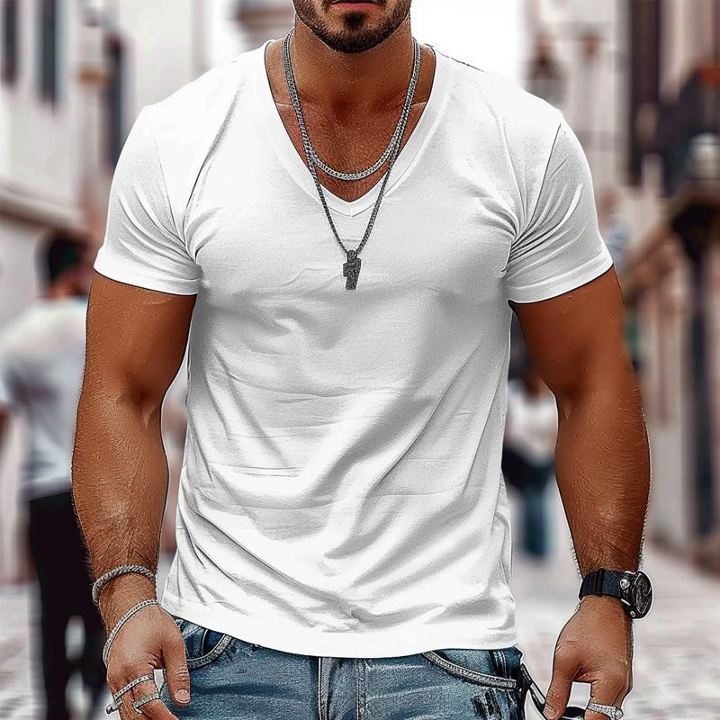 Camiseta informal de algodón de manga corta con cuello en V y color liso para hombre