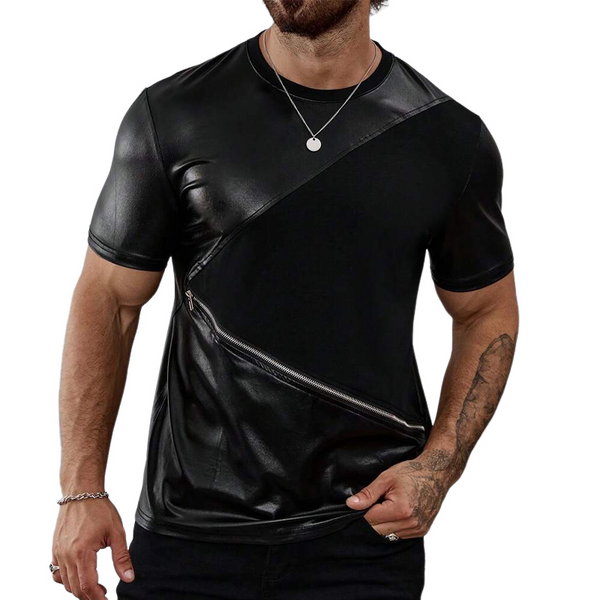 Camiseta de manga corta con cuello redondo y cremallera de patchwork de color liso para hombre