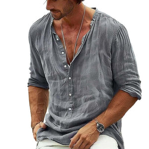 Men's Casual Cotton Linen Stand Collar Long-Sleeved Pullover Shirt