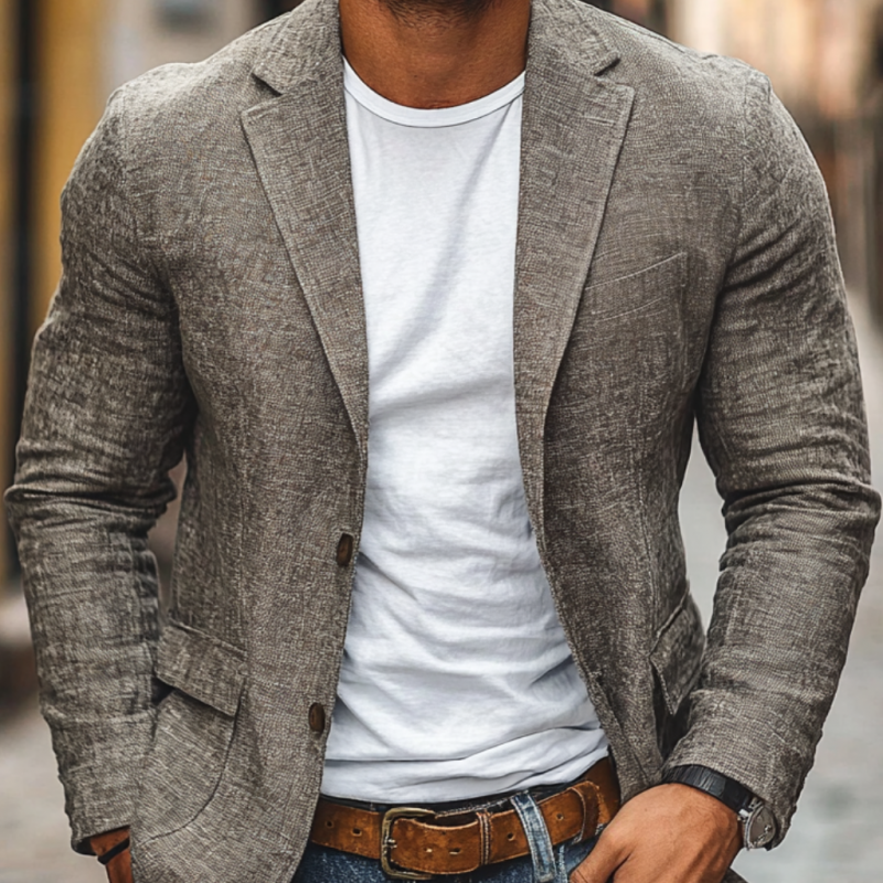Blazer informal de lino y algodón para hombre, de corte entallado, con solapa con muesca y botonadura sencilla