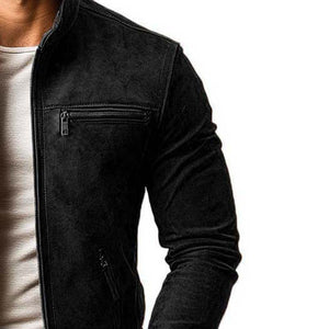 Chaqueta clásica informal de ante con cuello alto, cremallera y múltiples bolsillos para hombre